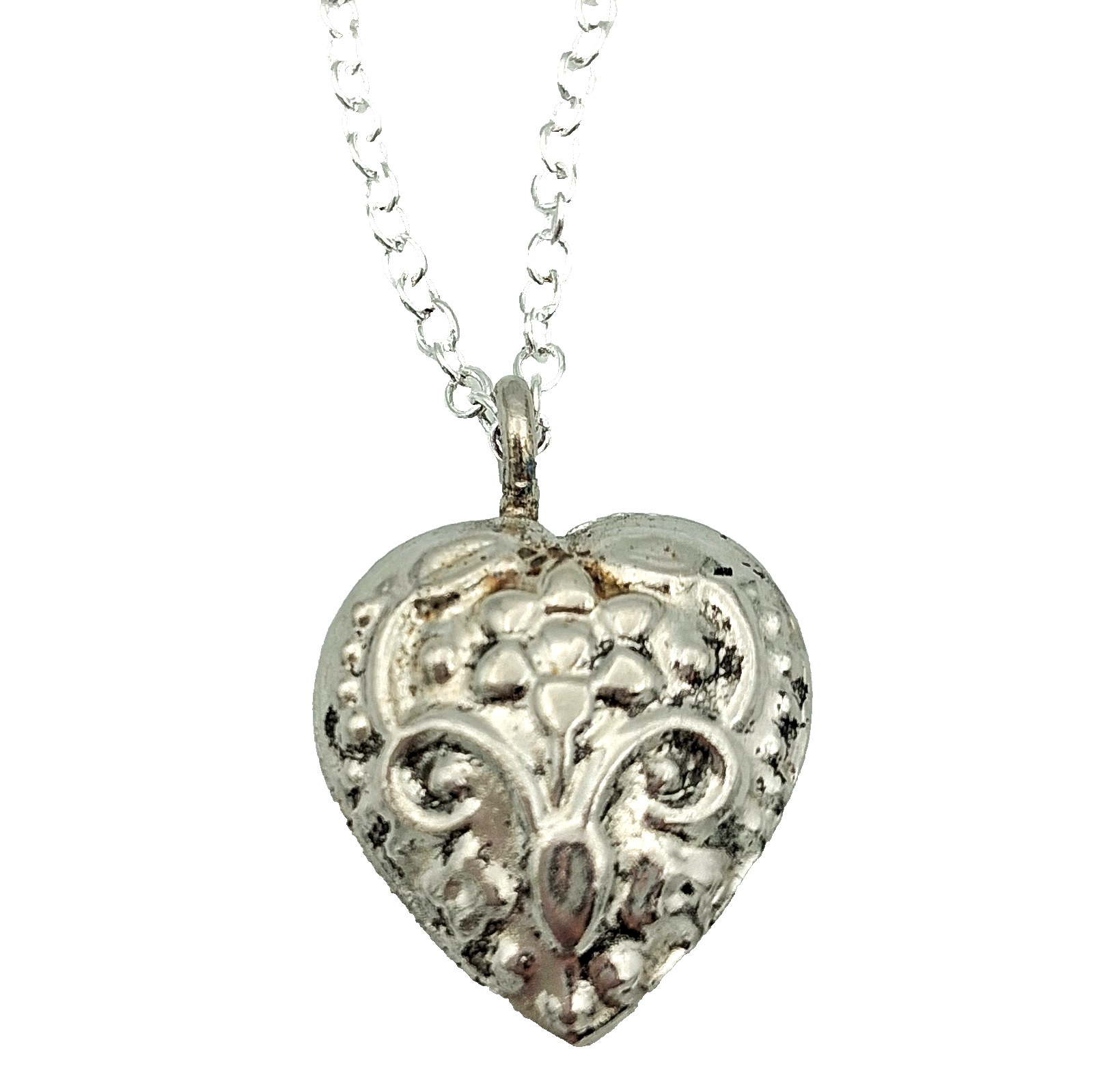 Silver Tone Puffed Heart Pendant Necklace Embossed Floral Double Sided 18″