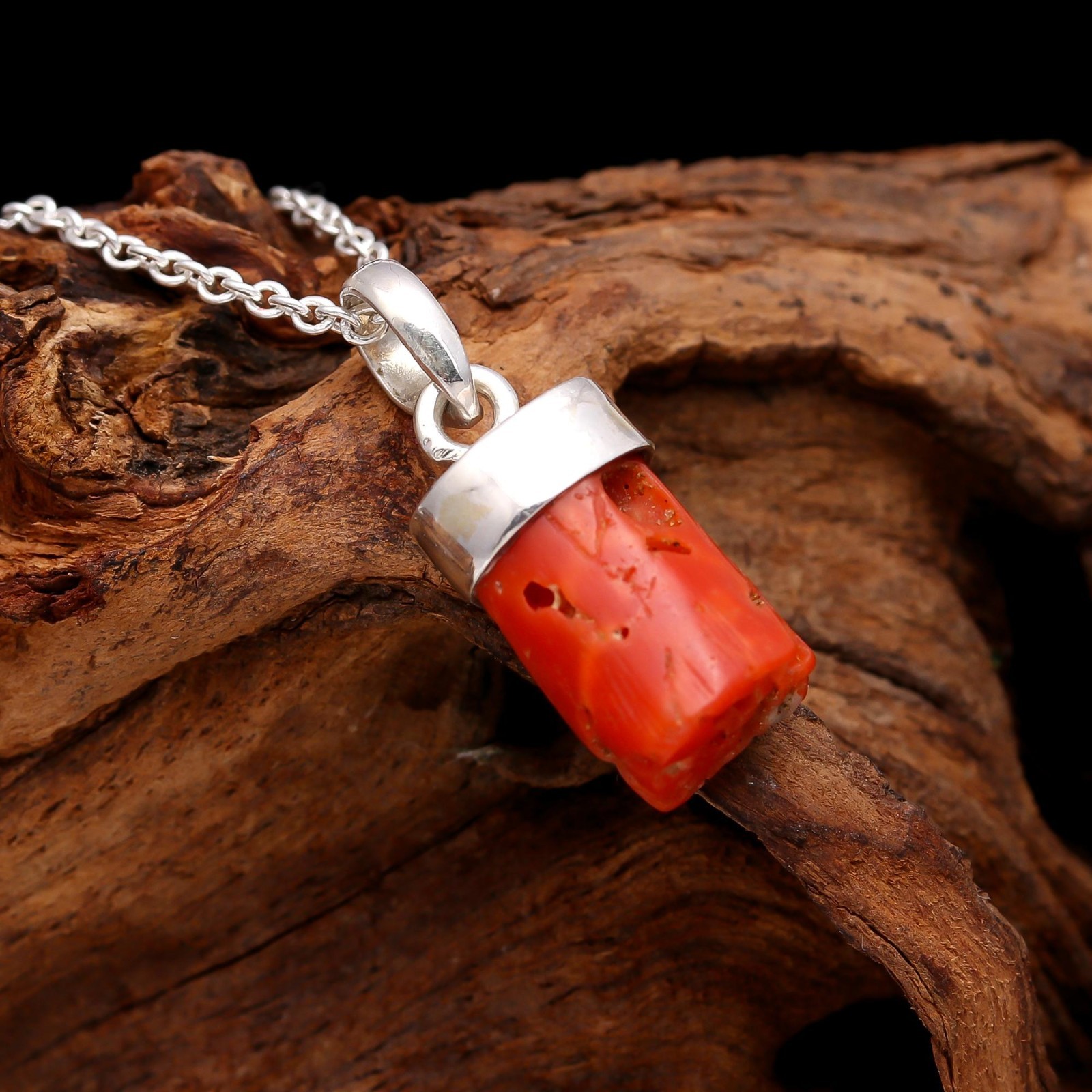 100% Natural Italian Red Coral Rough Chain Pendant 925 Sterling Silver Jewelry