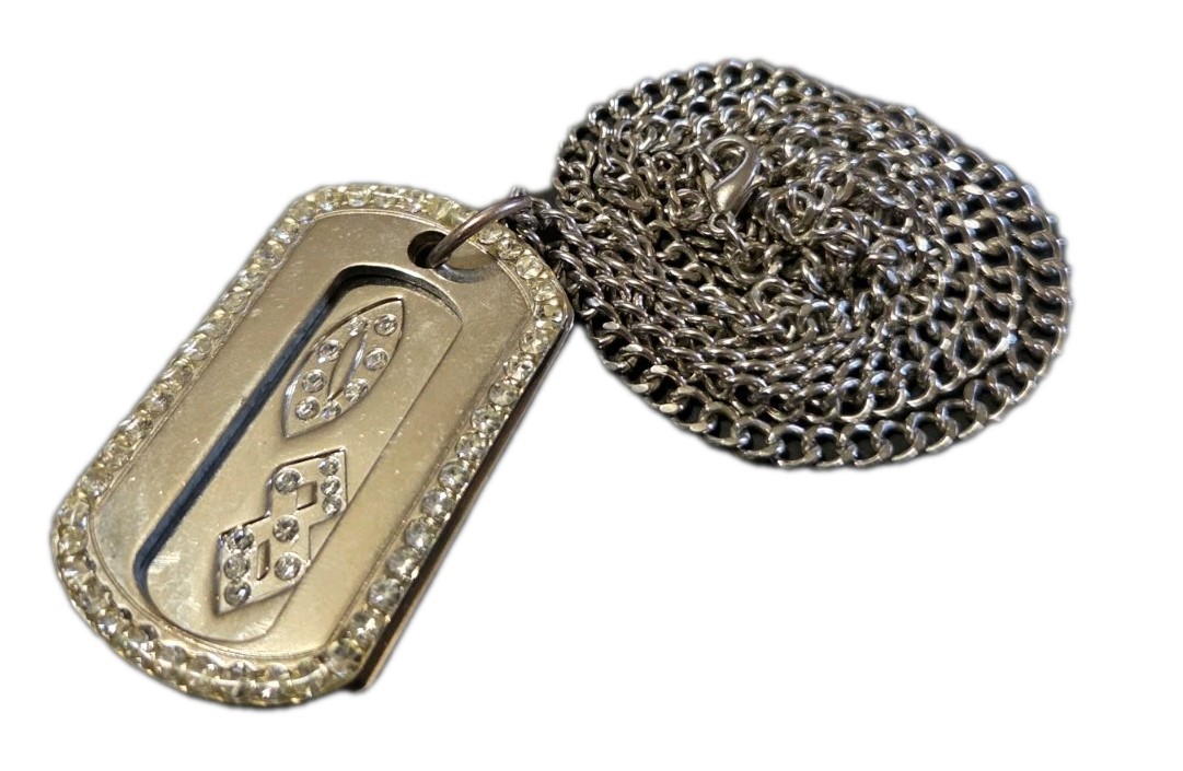 Double Dog Tag Necklace Silver Tone Clear Rhinestones 08 Bling 34.5″