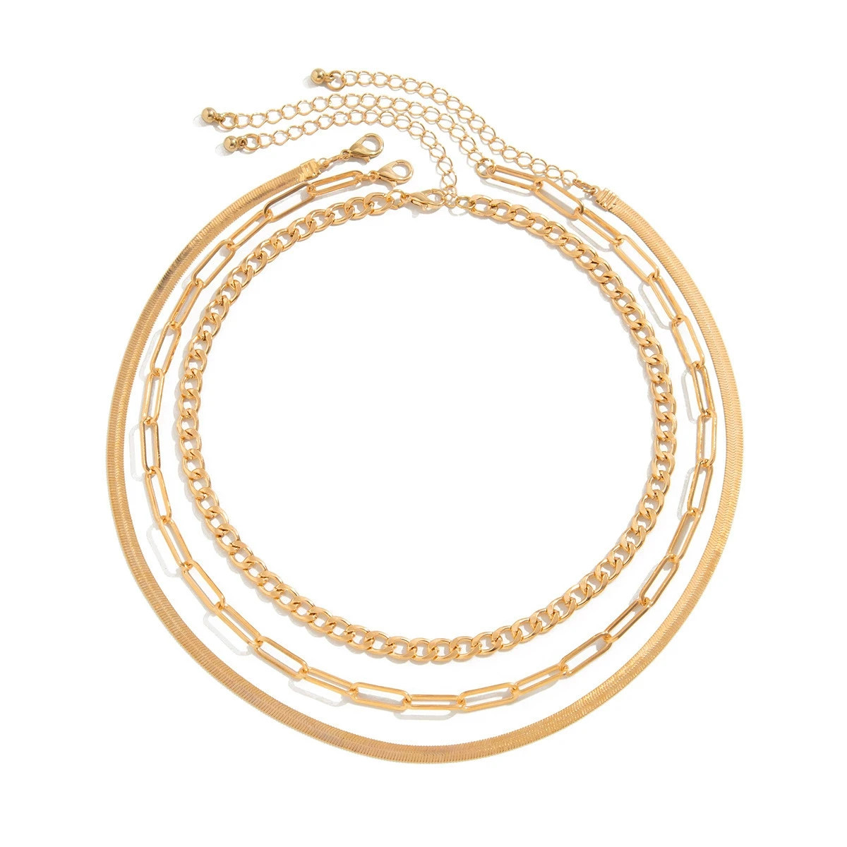 Gold Plated Stacked Snake Paperclip Figaro Chain Mixed Layered Choker Necklace