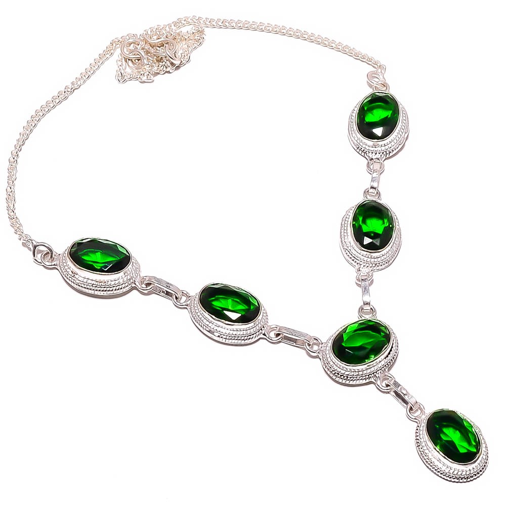 Emerald Quartz (Simulated) 925 Silver Plated Tennis Necklace 17.99″ TN752556