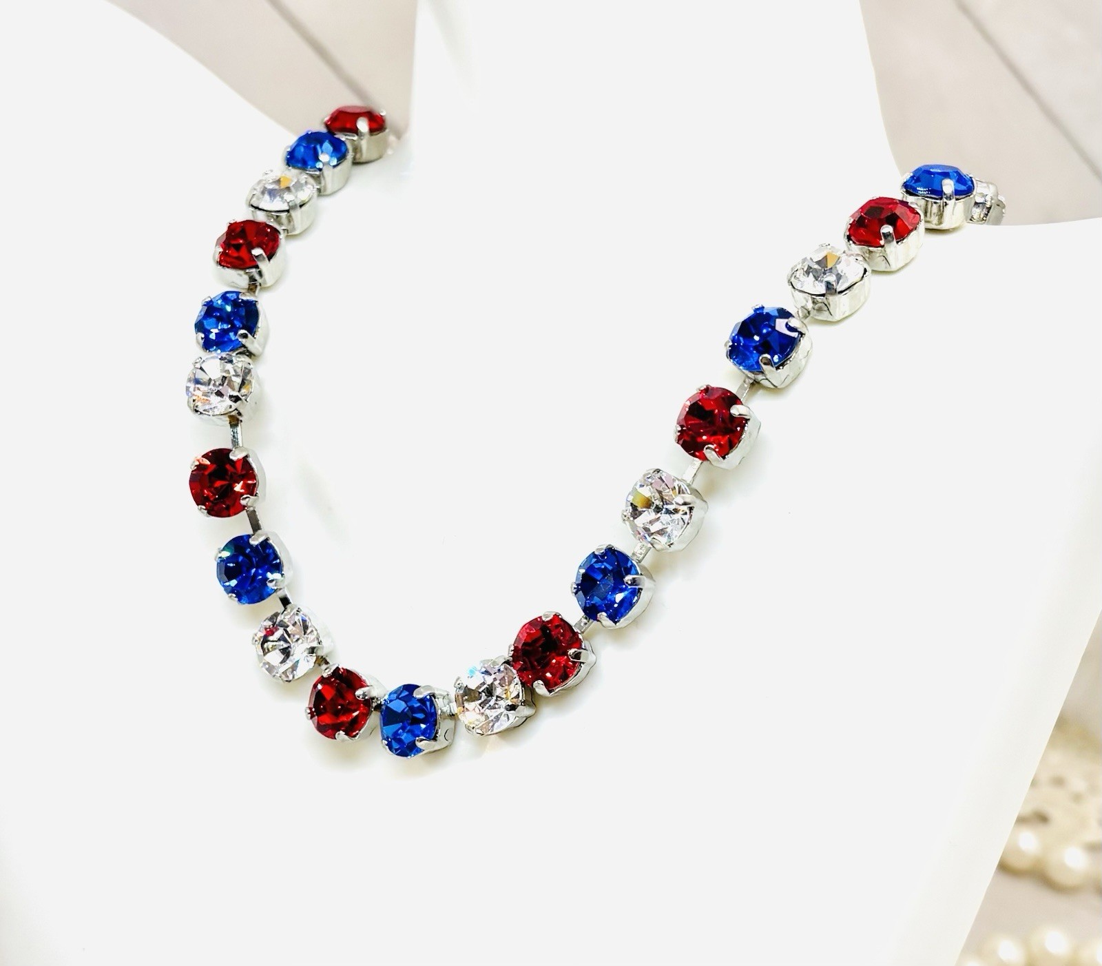 Shiny Silver Plated Patriotic Red, White, and Blue Crystal Cup Chain Necklace