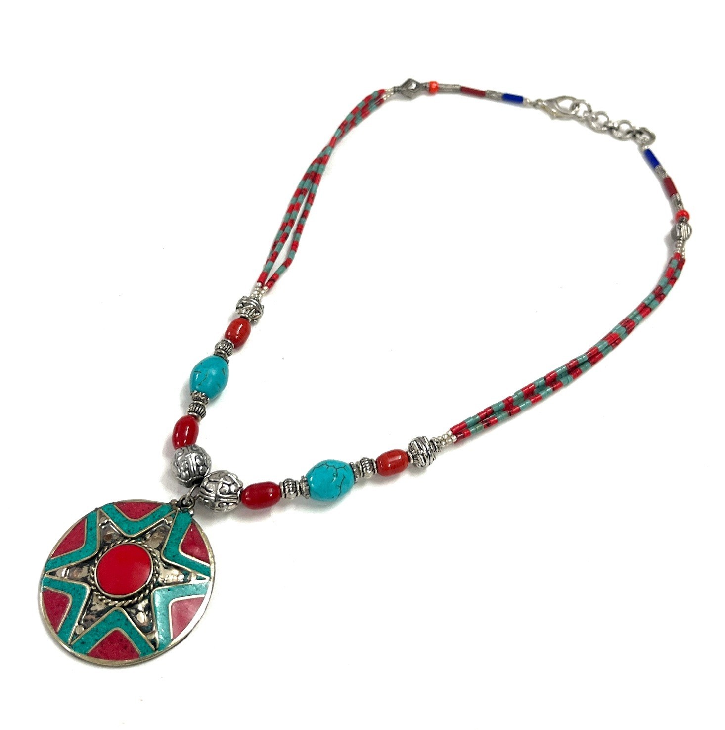 Handcrafted Red Coral Turquoise Gemstone Tibetan Necklace Jewelry, 17 Inch Adjs