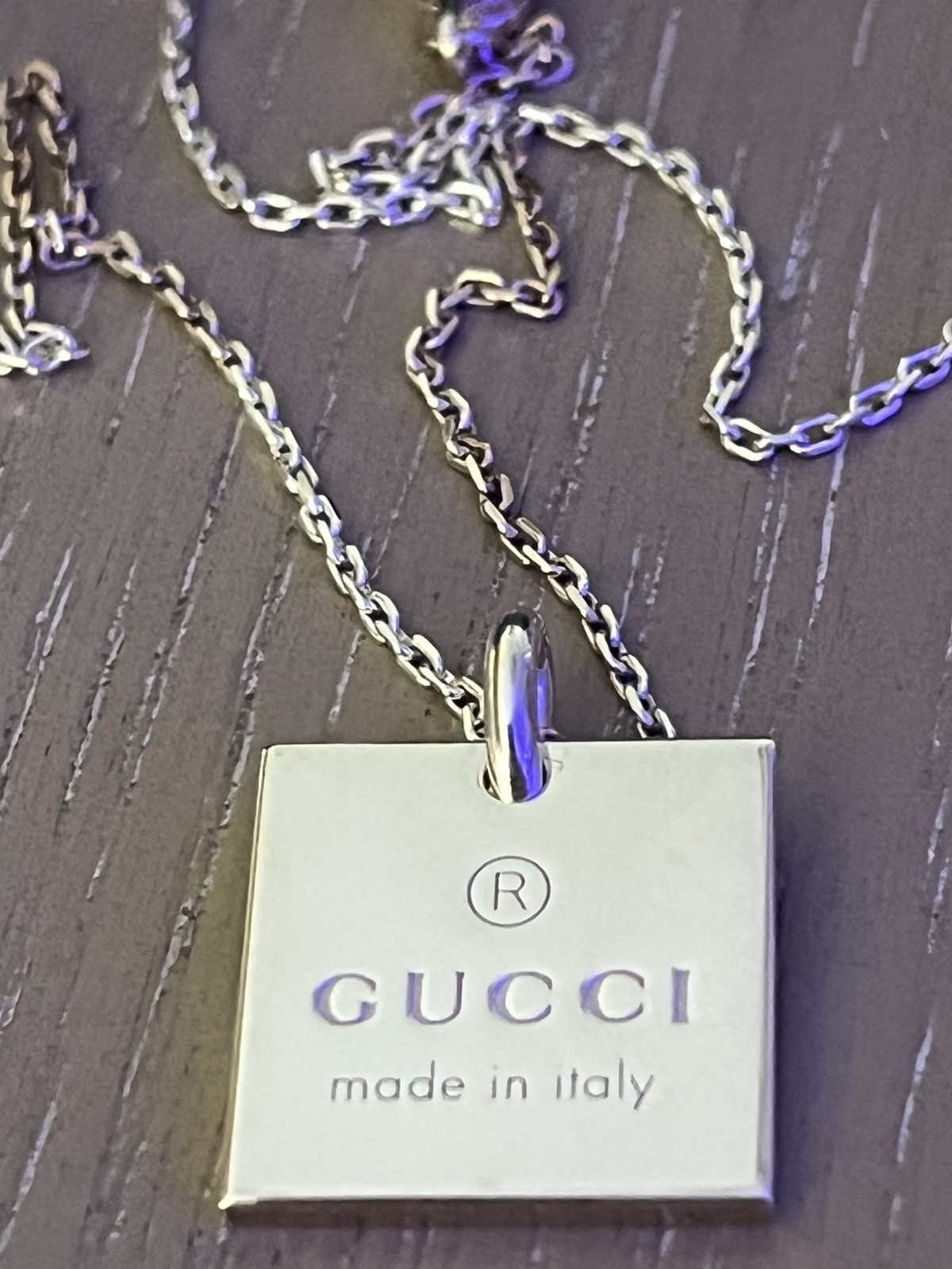 GUCCI Necklace Square Plate Pendant Engraved Logo Adjustable Chain Silver