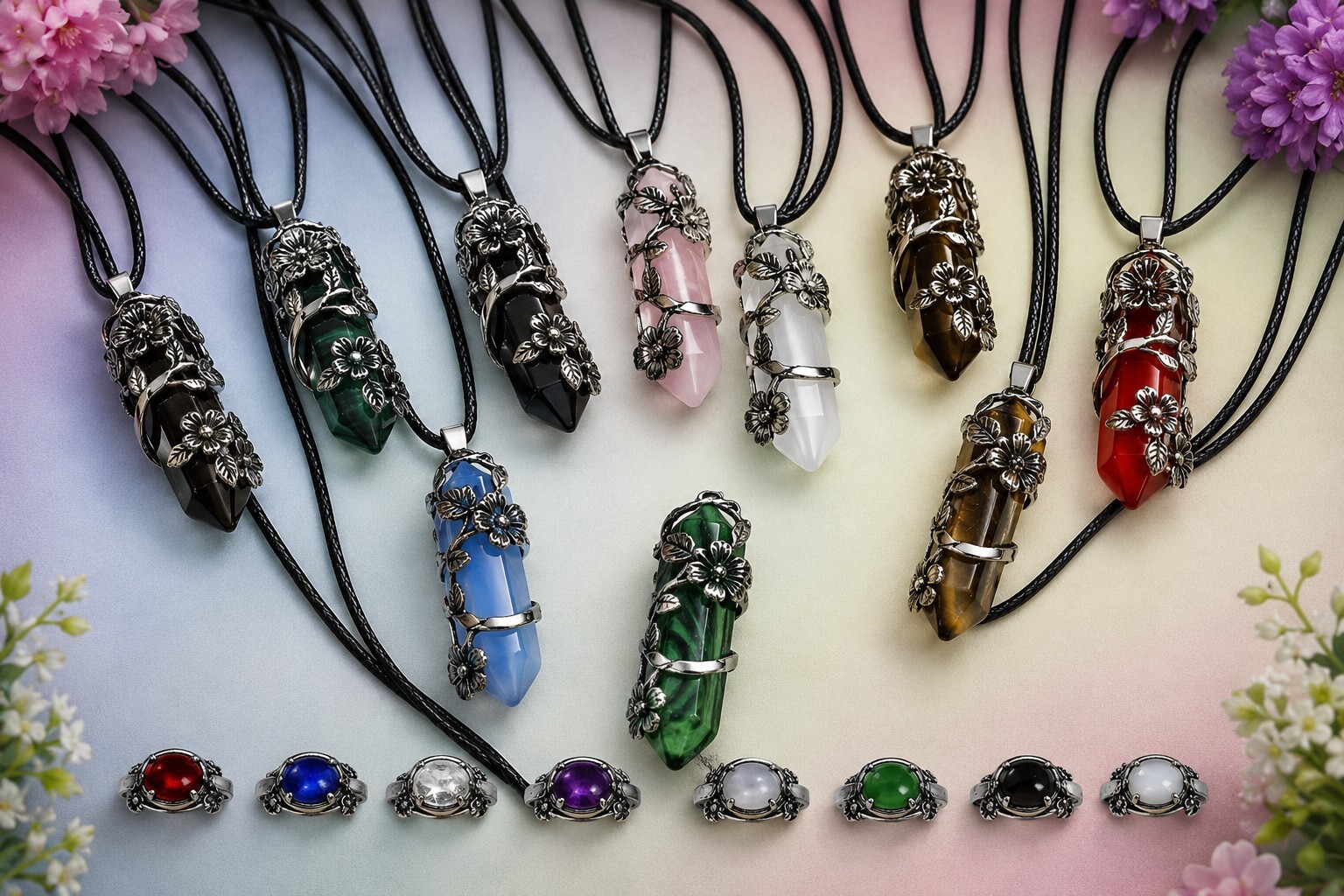 Natural Stone Hexagonal Column Shaped Wrapped Flowers Pendants Necklace Set
