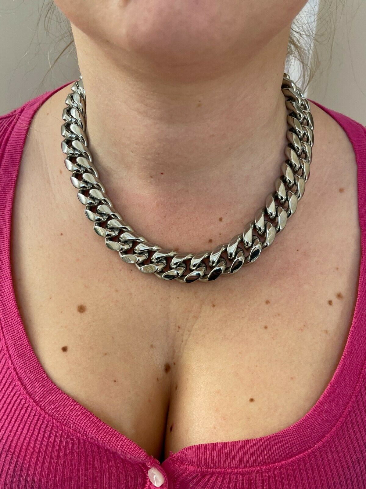 18mm Miami Cuban Link Mens Ladies Choker Chain Stainless Steel Looks Like Silver