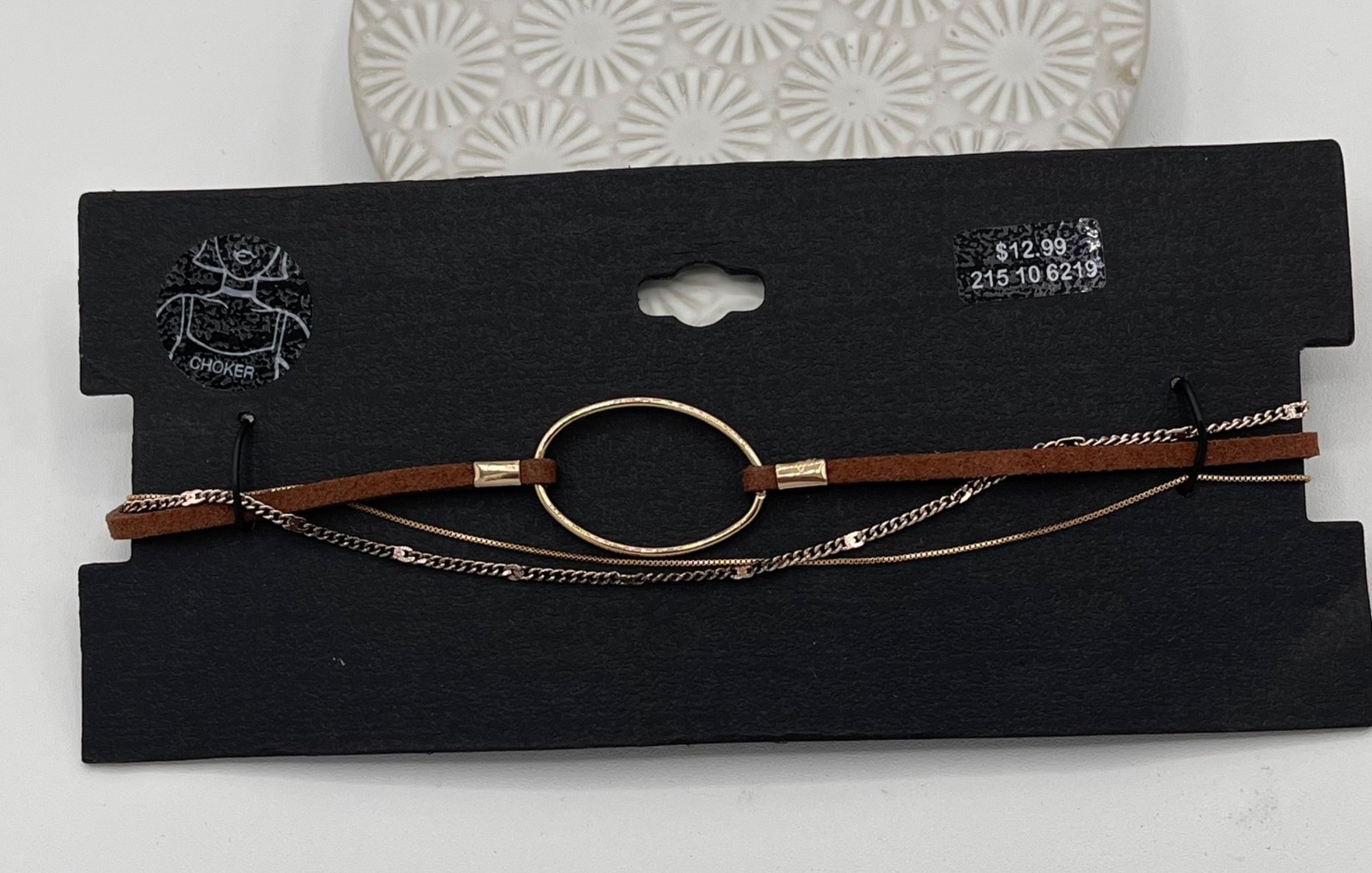 Brown Faux Leather & Gold-Tone Chain Circle Pendant Choker Necklace | Festival