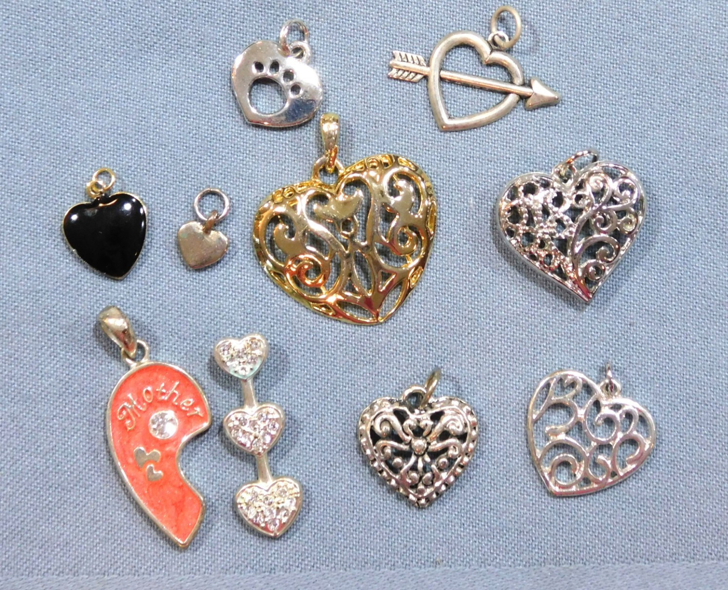 All Hearts Pendants LOT- TEN Pieces Many Styles Sizes Colors Mostly Modern FR SH