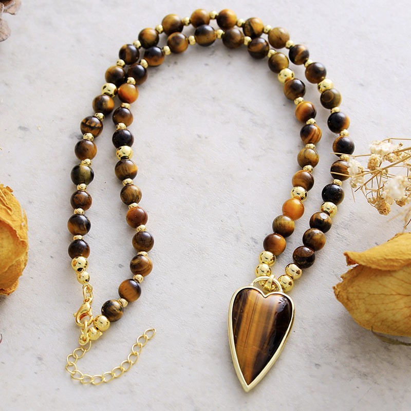 Tiger eye Beaded Necklace Healing Protection Handmade Women Heart Pedant Gift