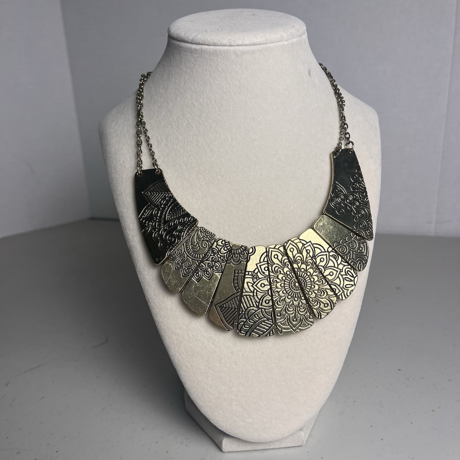 Gold Tone Bib Necklace Mandala Engraved Costume Jewelry Statement Adjustable 22″