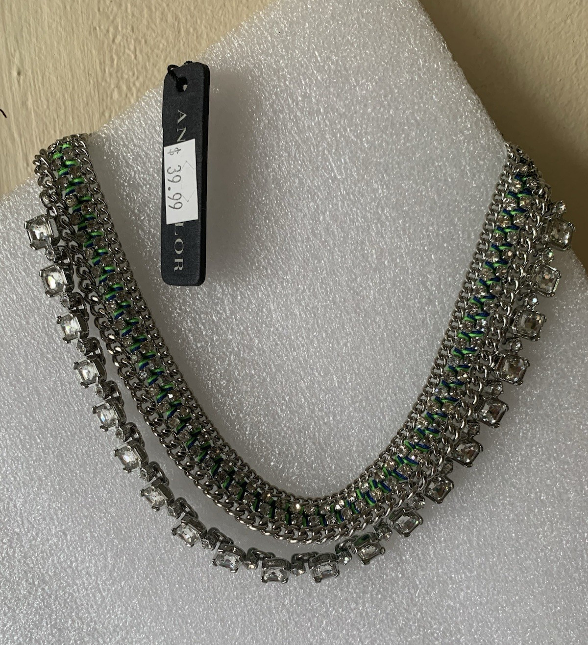 ANN TAYLOR Silver-Tone Multi-Row Curb Link Statement Necklace, Clear Crystal