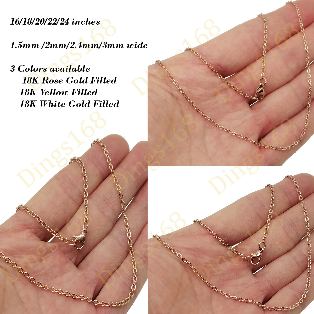 Real 18K Rose Gold Filled Hypo-Allergenic 16″/18″-24″ Cable Chain Necklace B146R