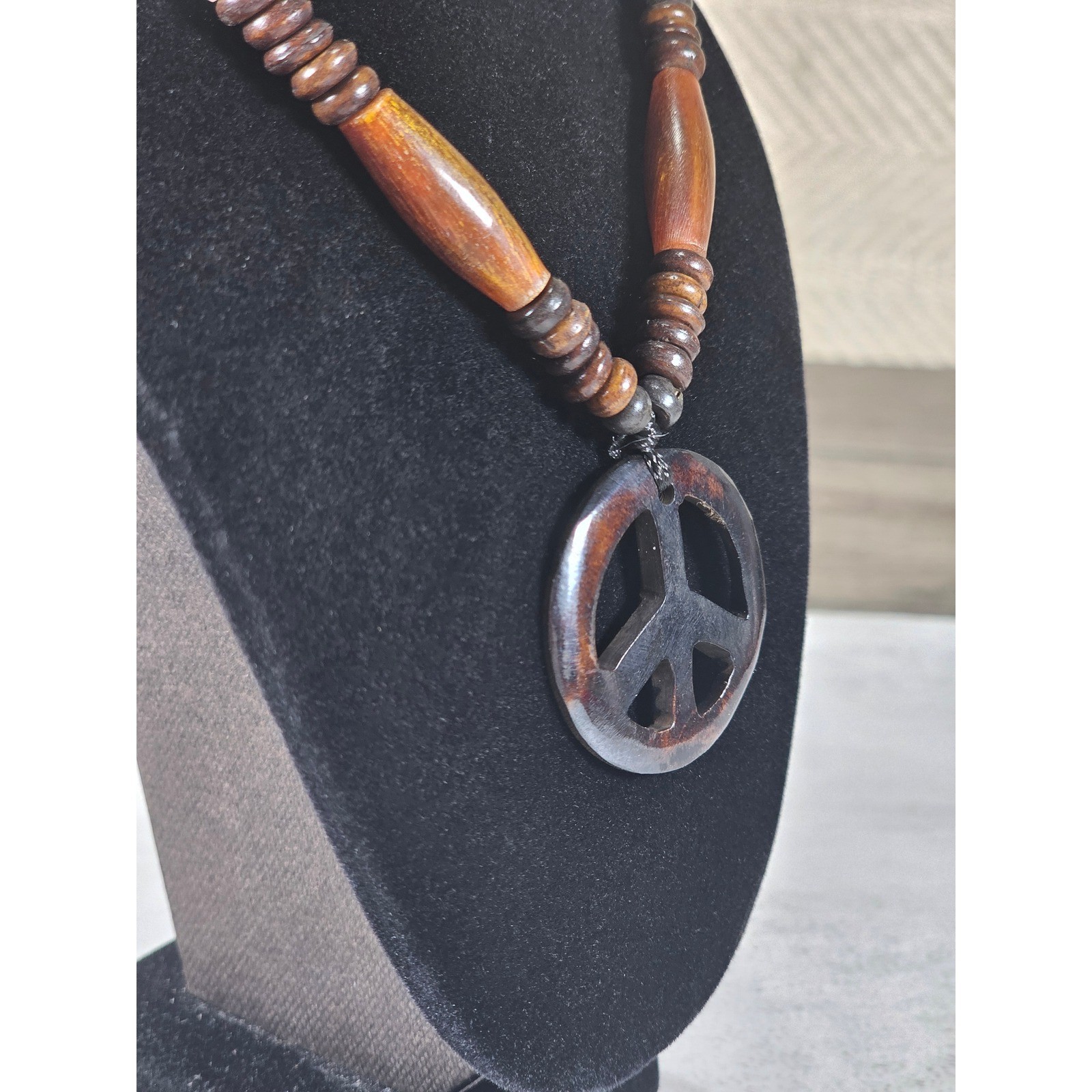 Vintage Wood Peace Sign Necklace Boho Beaded Cord Pendant