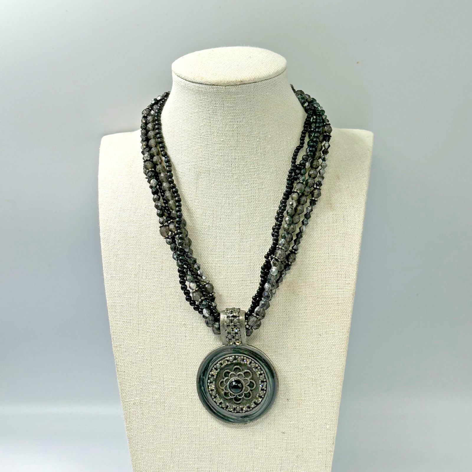 Black Grey Beaded Necklace Round Medallion Multistrand Boho Chic Adjustable