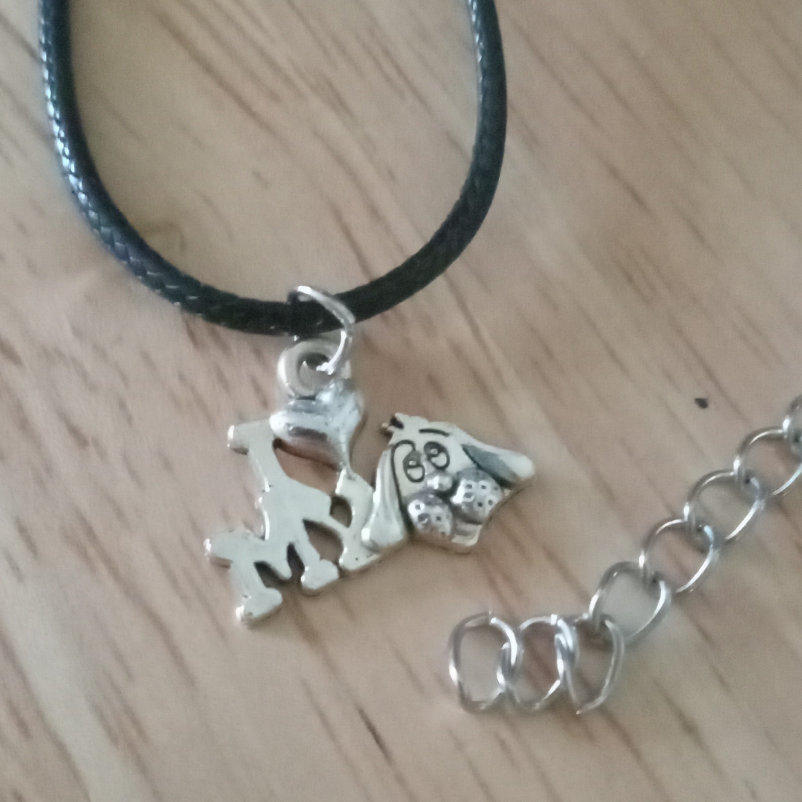 Dog Charm Pendant Necklace Adjustable Black Cord Silver Tone, Lobster