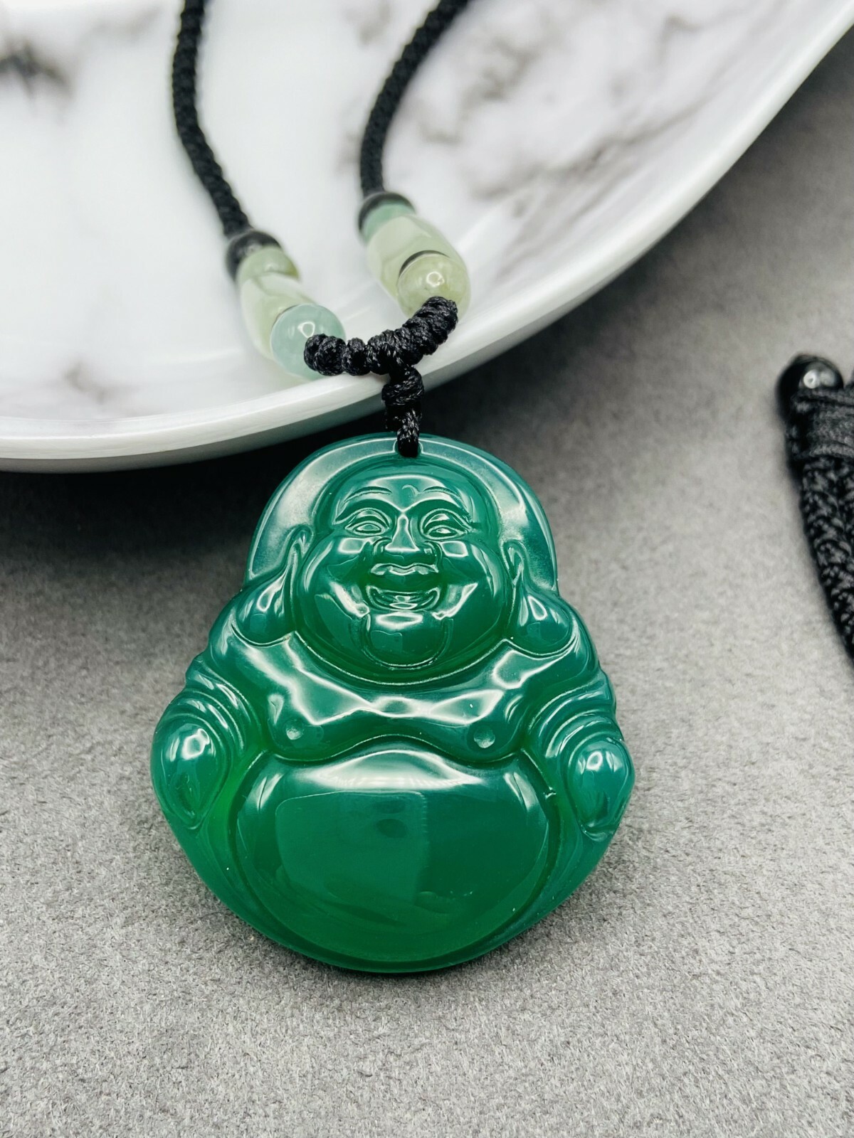 Jade Buddha Charm Pendant Necklace W/ Beads Cord Handmade Carved Green Gemstone