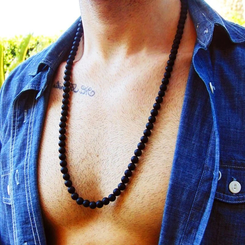 Fashion Matte Onyx Bead Necklace Men’s Classic Handmade Natural Strand Necklace