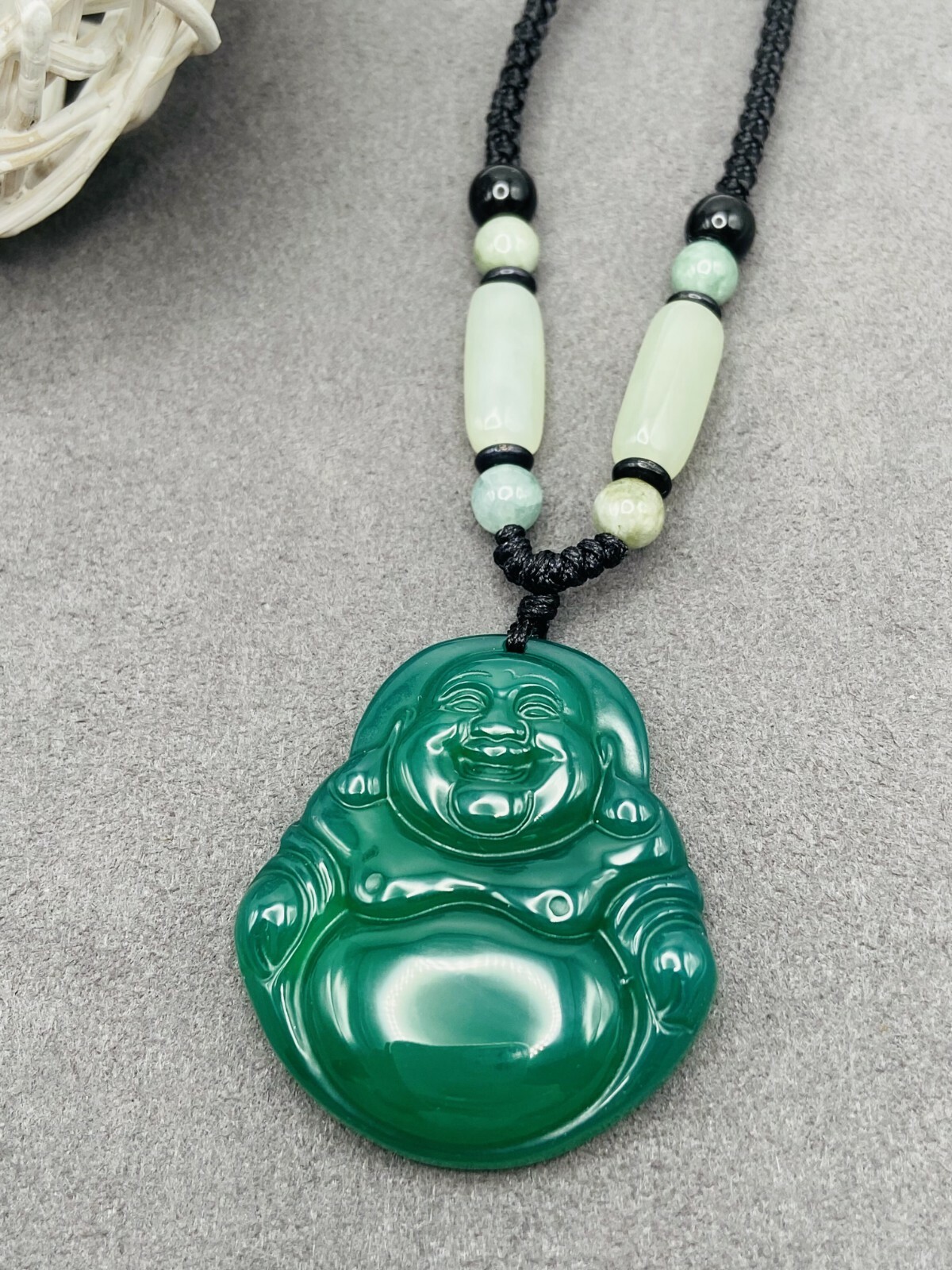 Jade Buddha Charm Pendant Necklace W/ Beads Cord Handmade Carved Green Gemstone