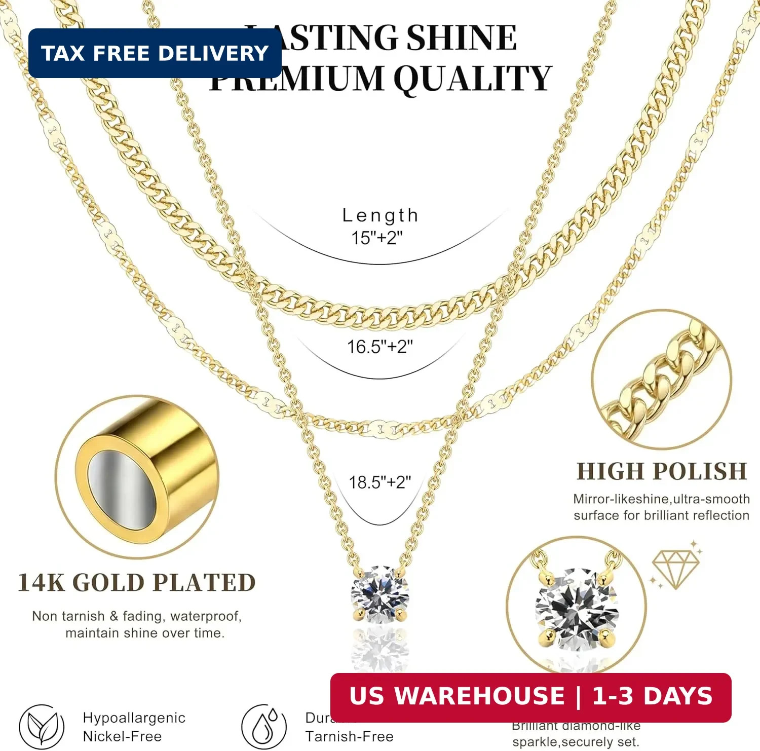WomenGifts Layered Gold Necklaces for Women, 14K Gold Sterling Silver Plated Dai