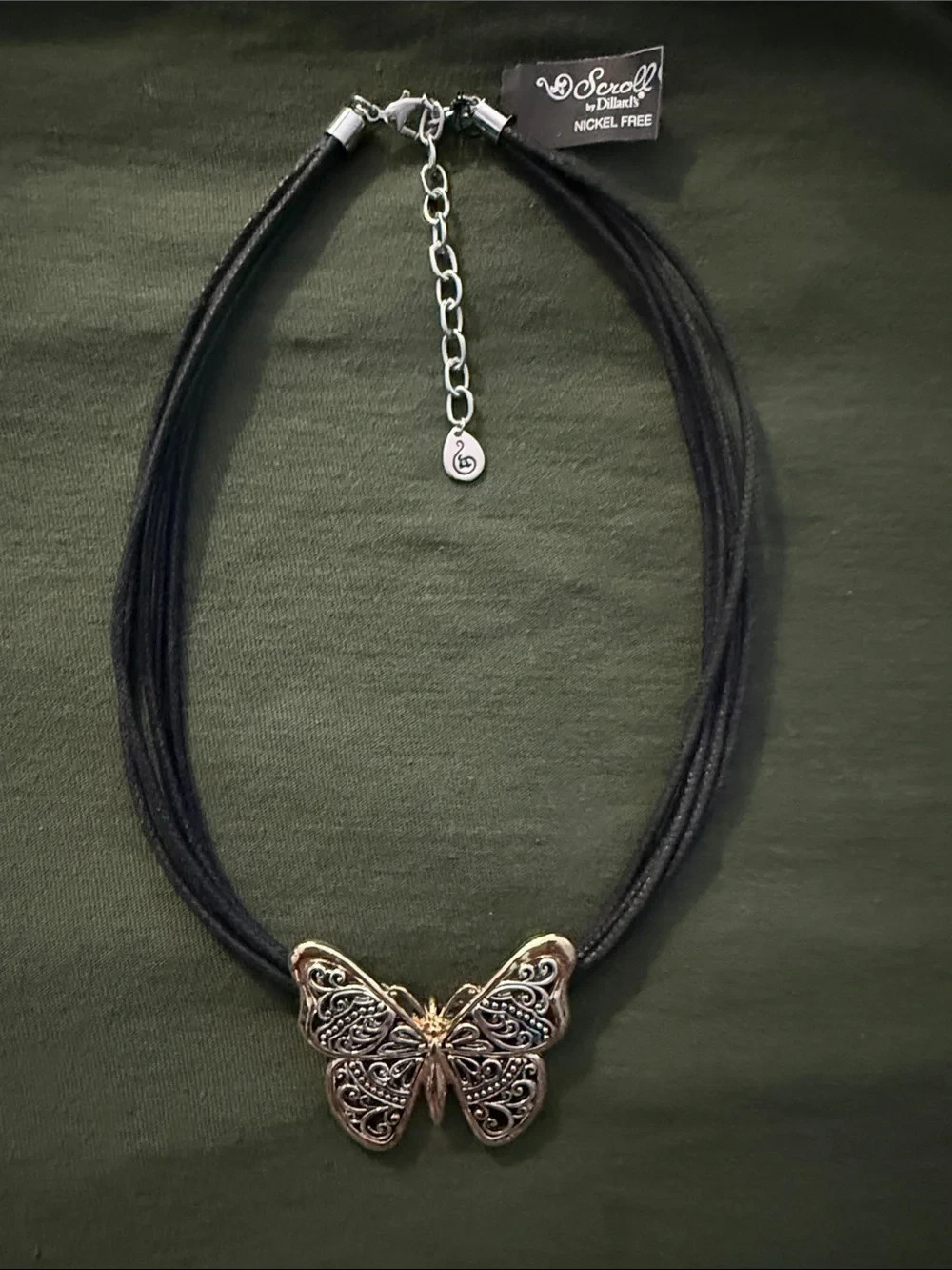 NWT Scroll by Dillard’s Filigree Butterfly Multi-Strand Cord Necklace