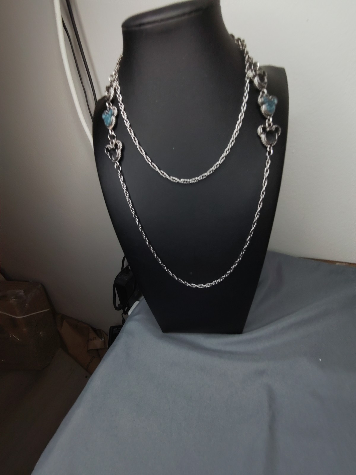 Mouse Silhouette Long Chain Necklace Blue Glitter Accents Silver Tone 32″