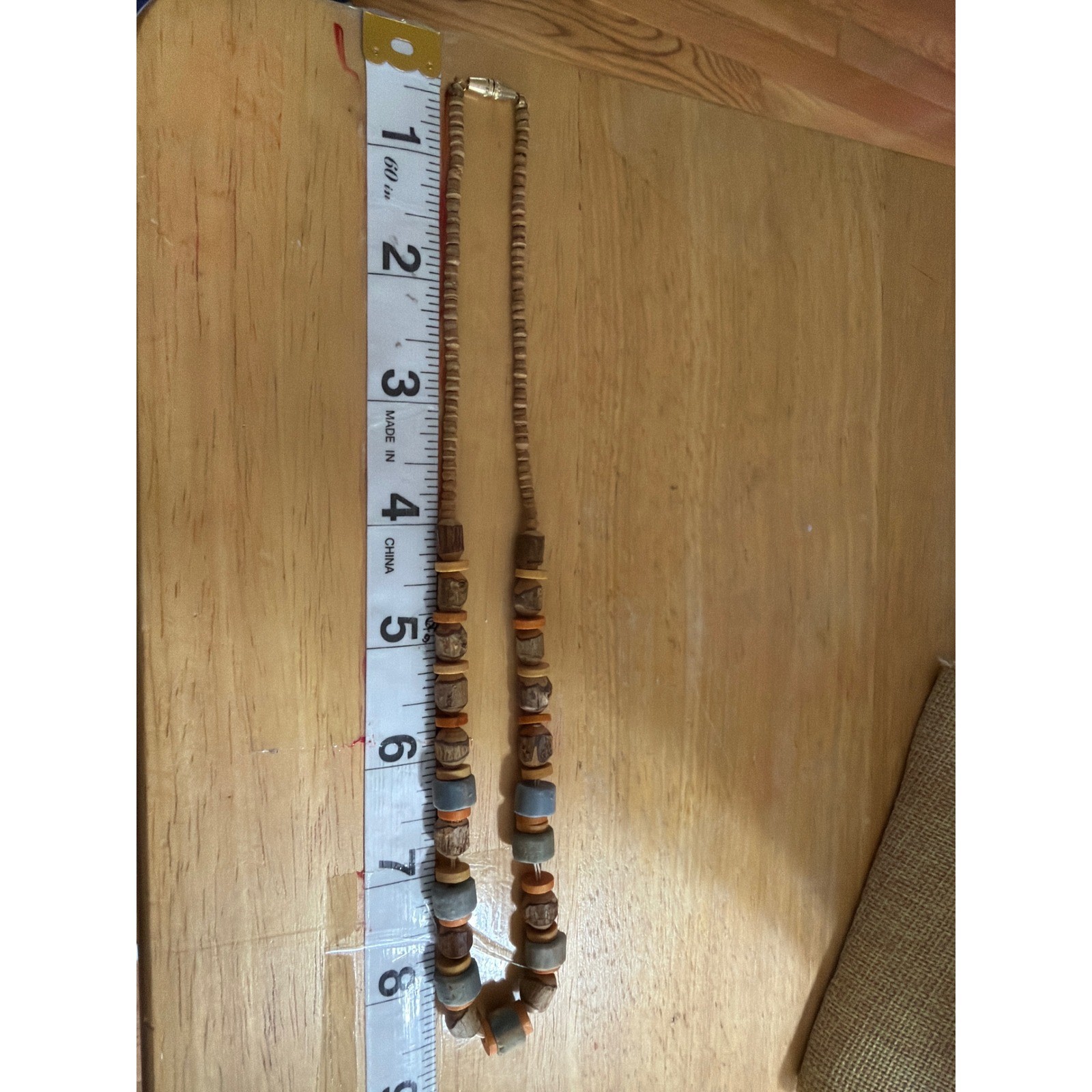 Natural Wood and Clay Beaded Necklace Brown Blue Terracotta Earthy Boho Coastal