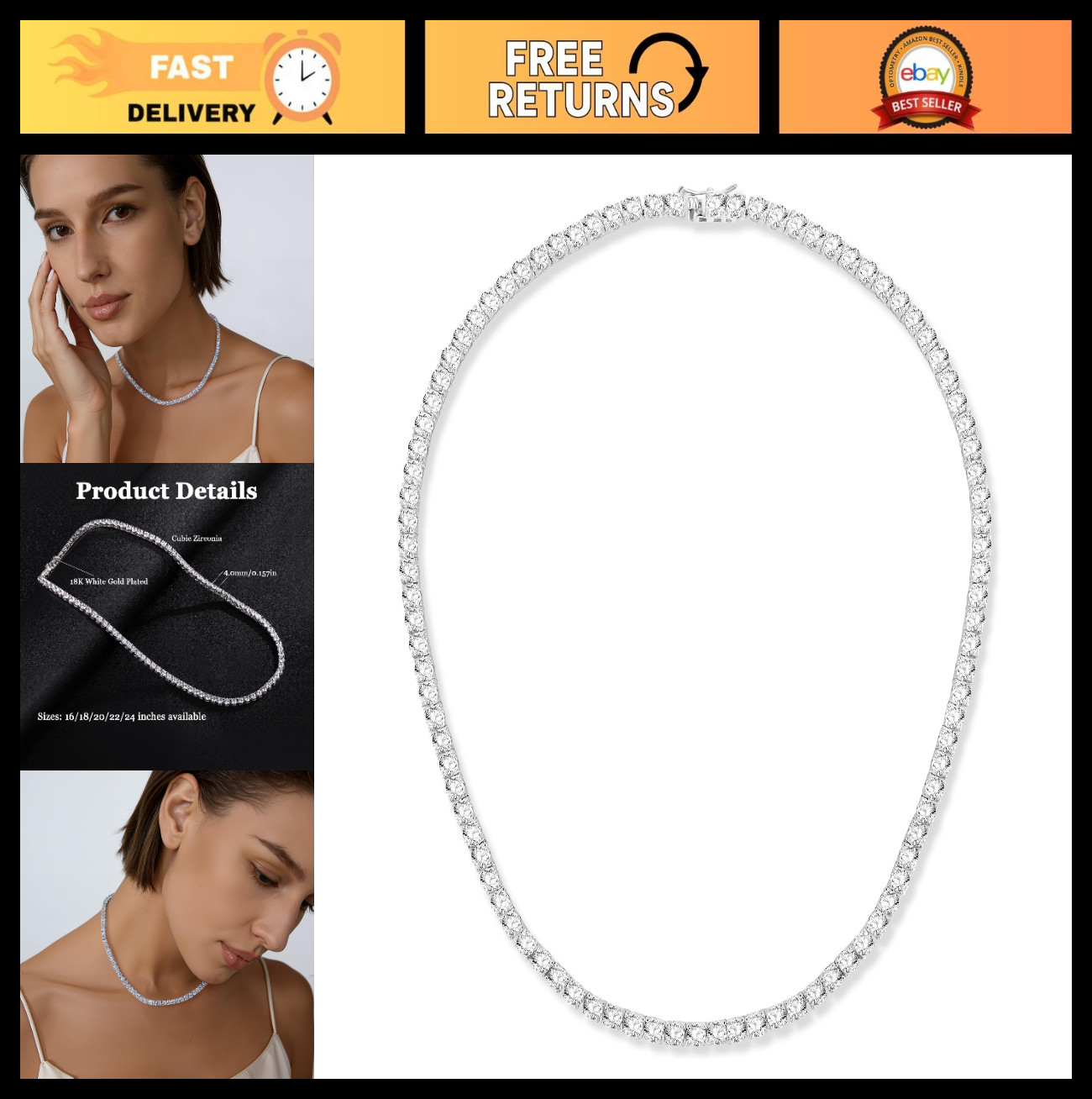 4.0mm CZ Tennis Necklace, 18K Gold Plated, Round Cubic Zirconia, Adjustable 16-2