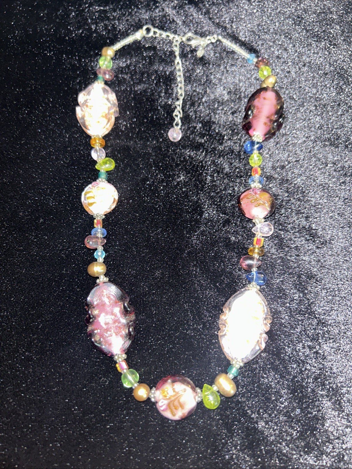 Premier Designs Purple Pink Multicolor Floral Art Glass Bead 17-20″ Necklace