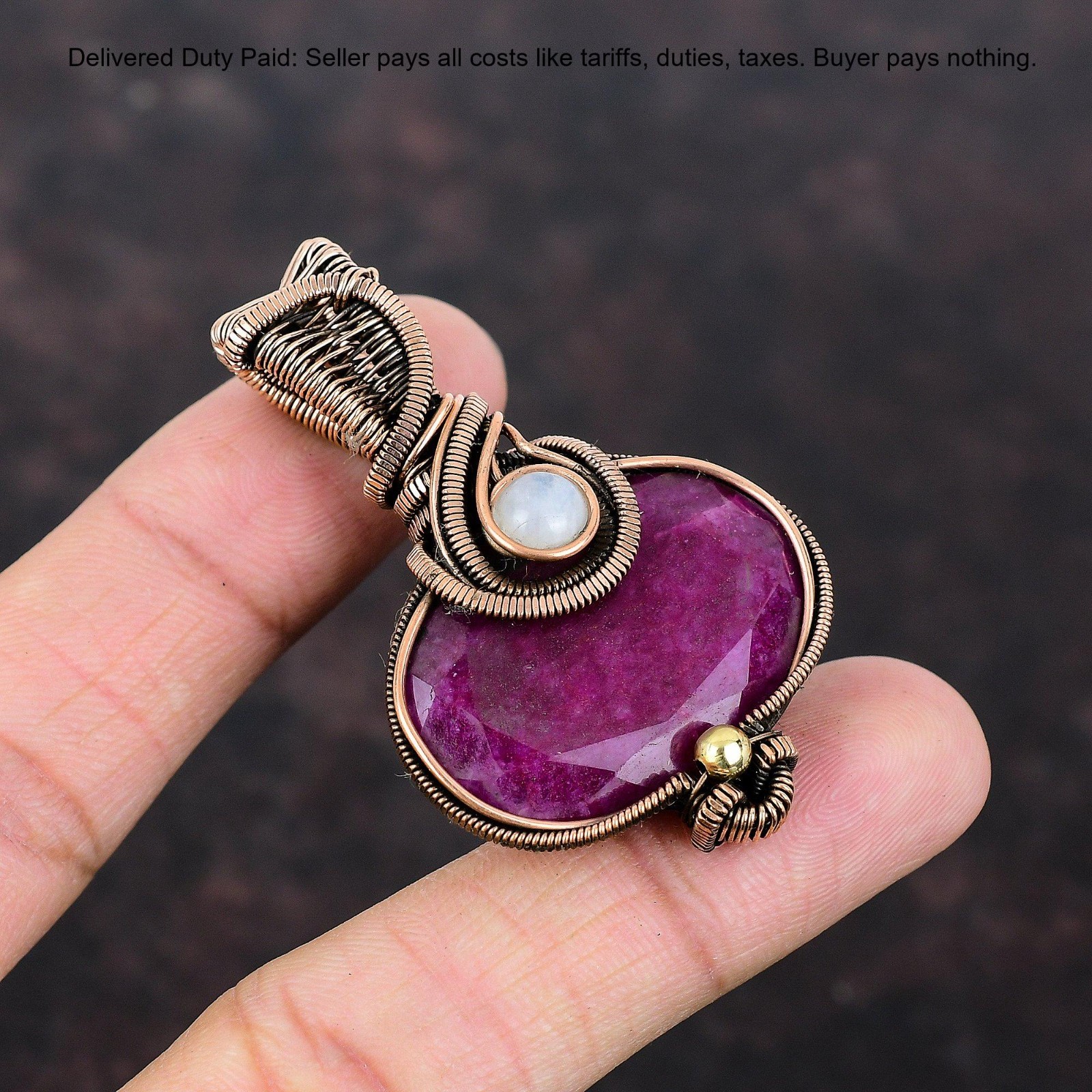 Copper Kashmir Rubi Gemstone Rainbow Moonstone Wire Wrapped Boho Pendant Jewelry