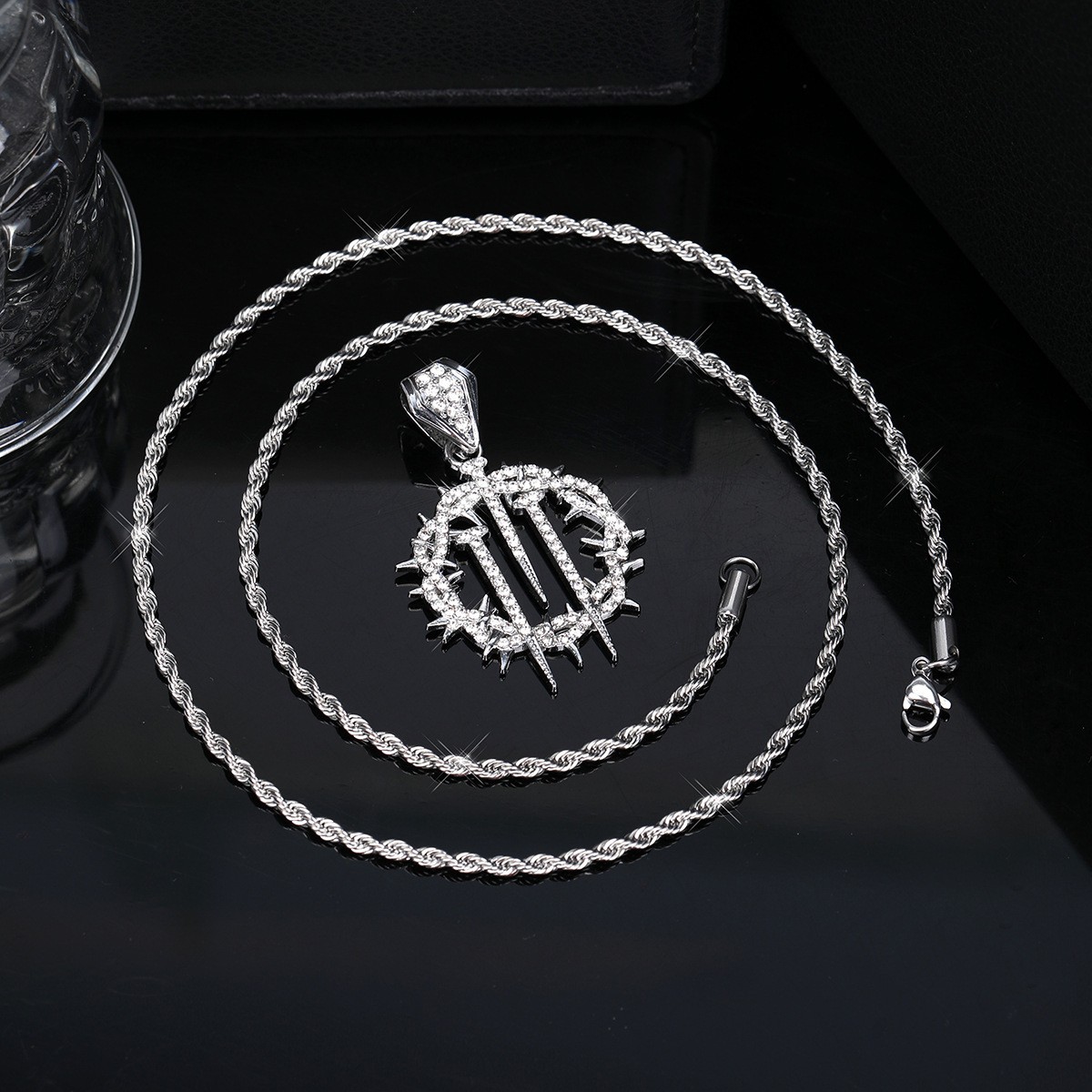 Iced Thorn Spikes Pendant Necklace Stainless Steel Twisted Rope Chain Unisex