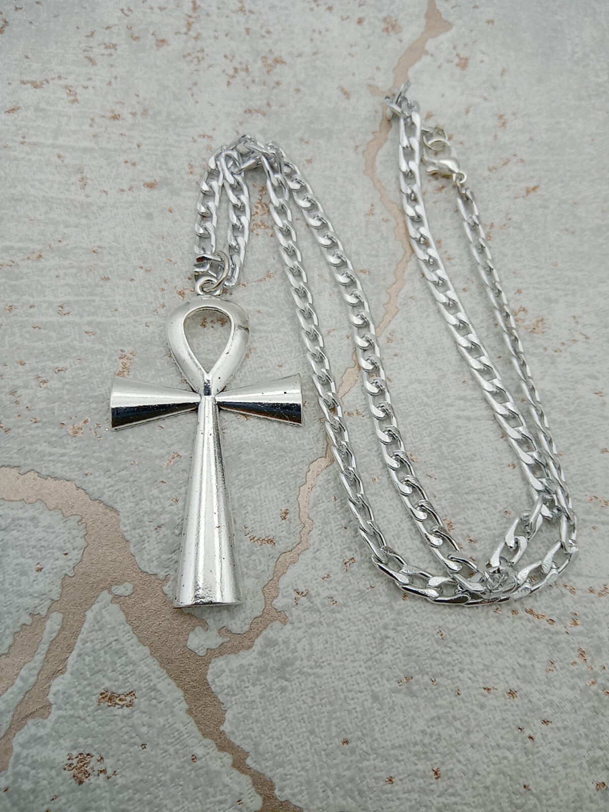 Ankh Necklace Key of Life CROSS Pendant & 24″ Curb Chain Big Vintage silver Tone