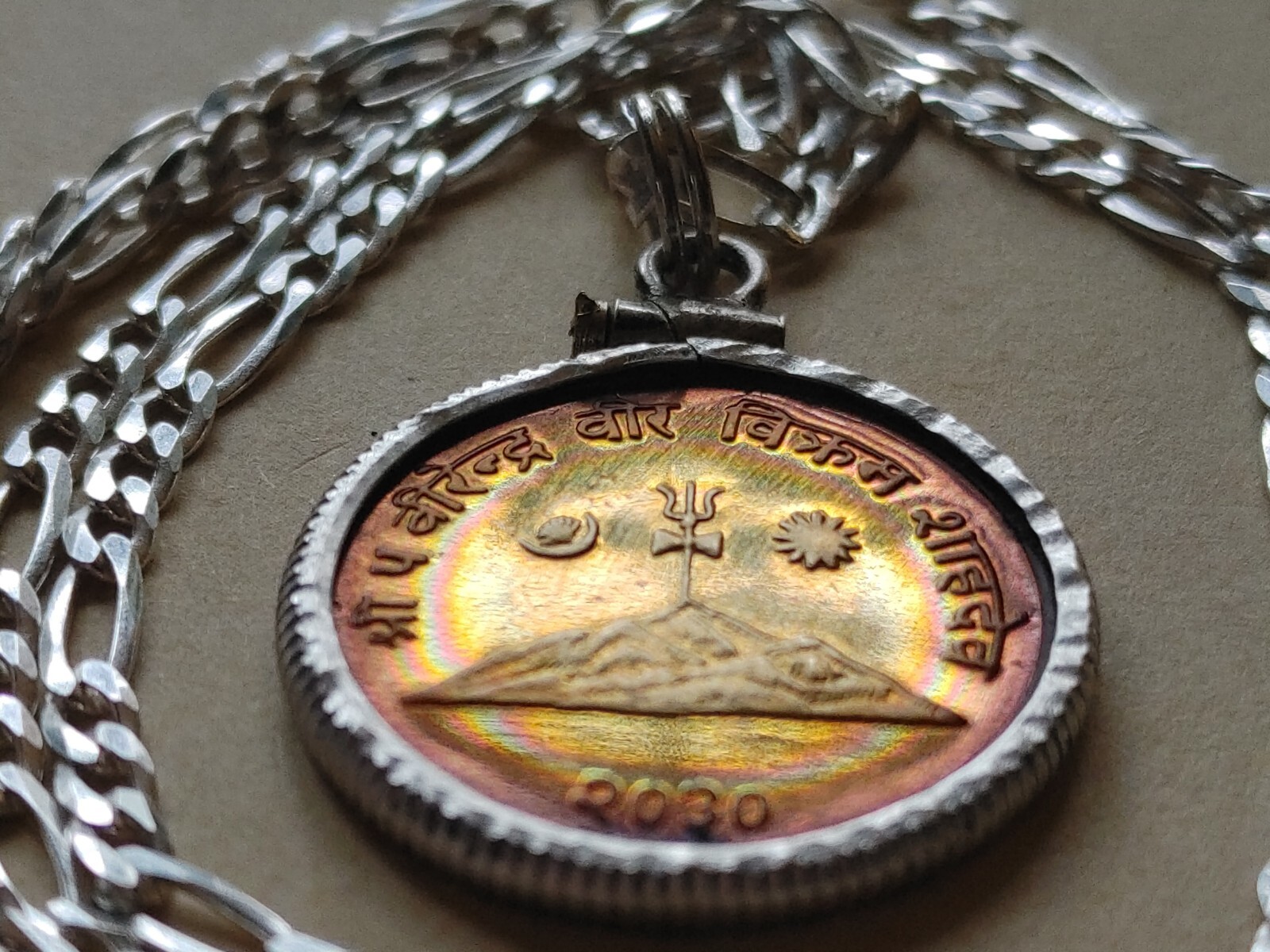 Sunrise & Sickle Moon Himalayan Mountain Nepal coin pendant & Italian 925 chain