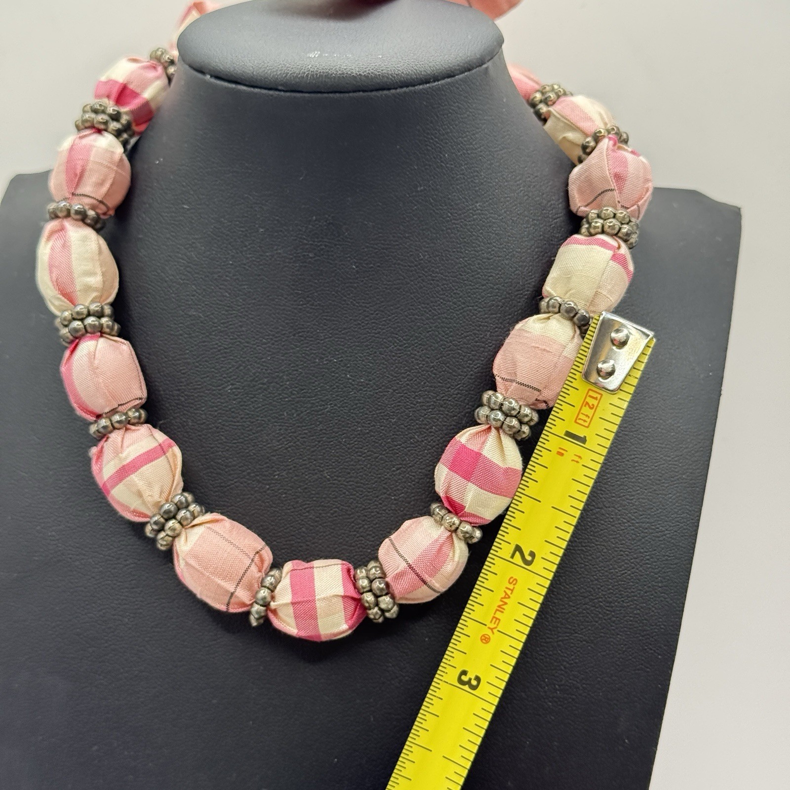 Pink Plaid Fabric Tie Back Necklace PEAPODS.ORG Preppy Adjustable Beaded Girly