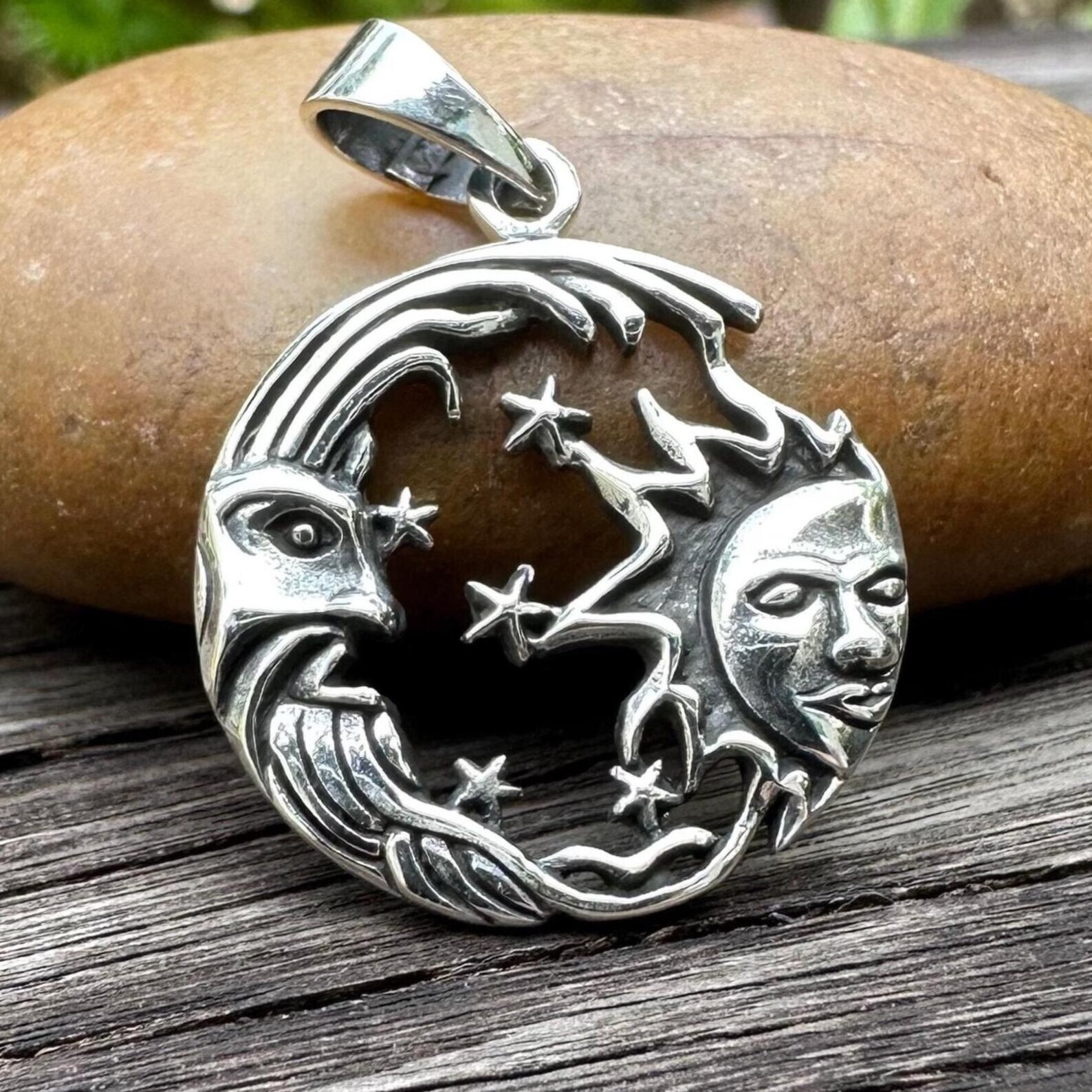 Handcrafted 925 Sterling Silver Sun & Moon Pendant Celtic Crescent Moon Pendant