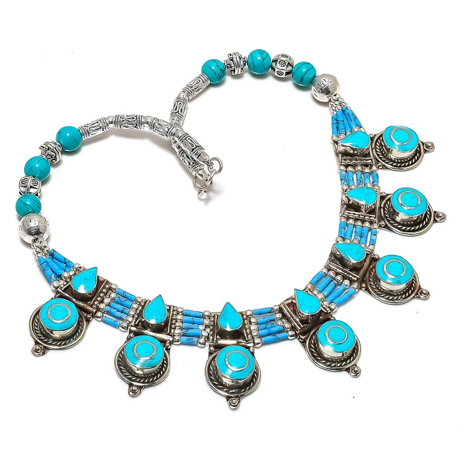 Tibetan Turquoise Handmade Bohemian Statement Jewelry Nepali Necklace 18″ SR64