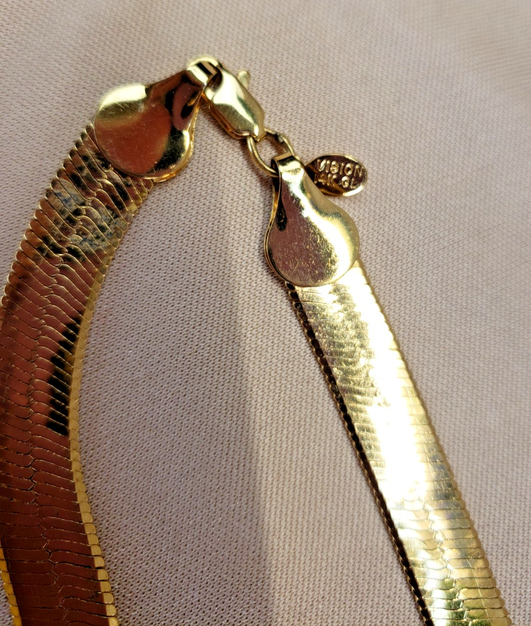 14K Gold Plated Wide Herringbone Chain Necklace 30″ 9 mm Signed Vision 14K GL
