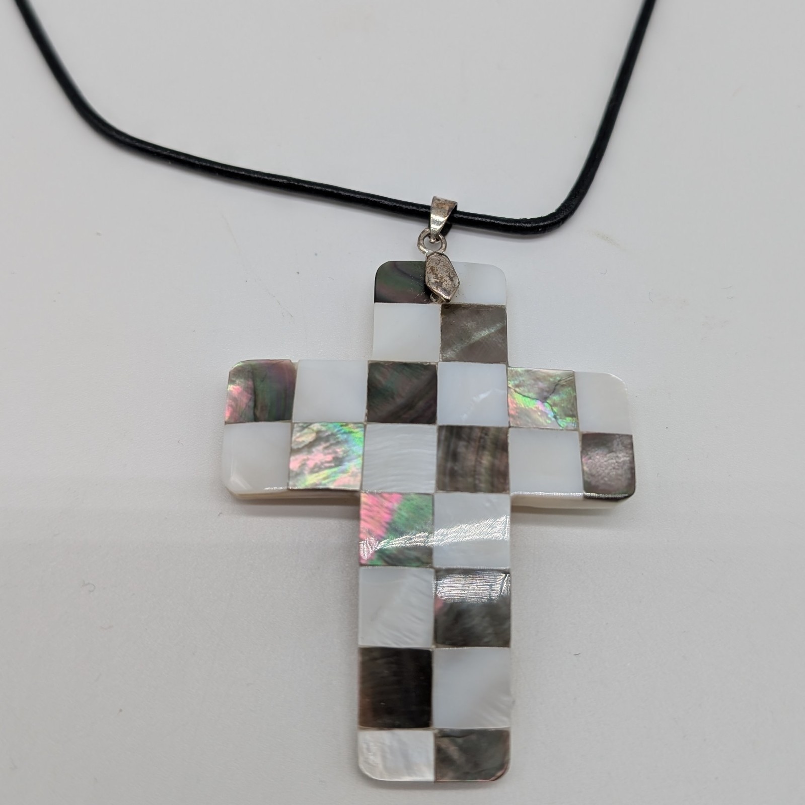 Inlayed Cross Shell Pendant – 24-In Cord With Silver Bail