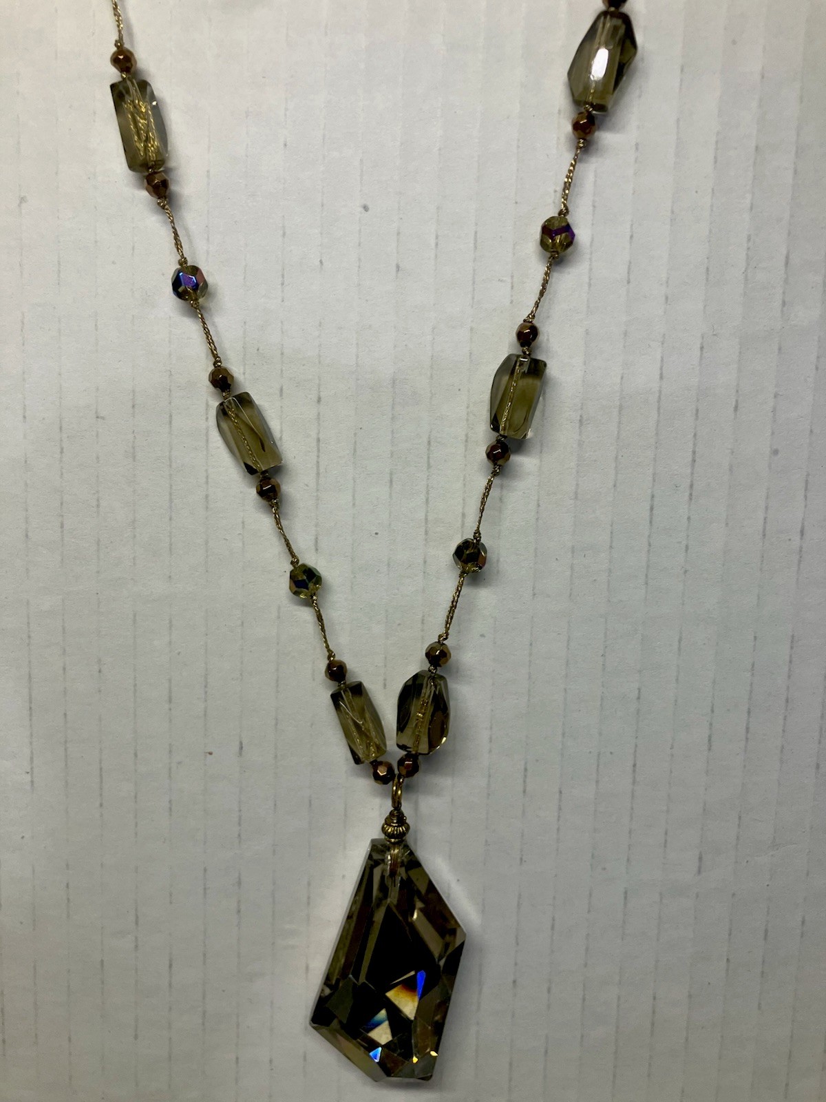 Asymmetrical Sparkling Smokey Crystal Pendant 17”-20” Crystal Bead Necklace VTG