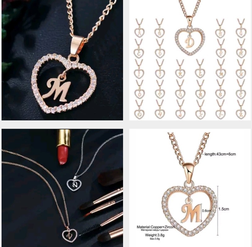 Letter Heart Necklace – Rose Gold Pendant Crystal Rhinestone Inital Charm Bling