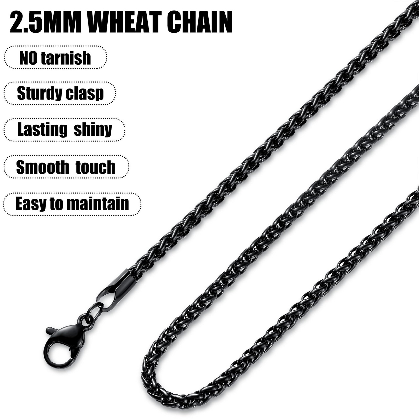 Black Wheat Chains for Men and Women, 2.5mm Stainless Steel Necklace Chains, …