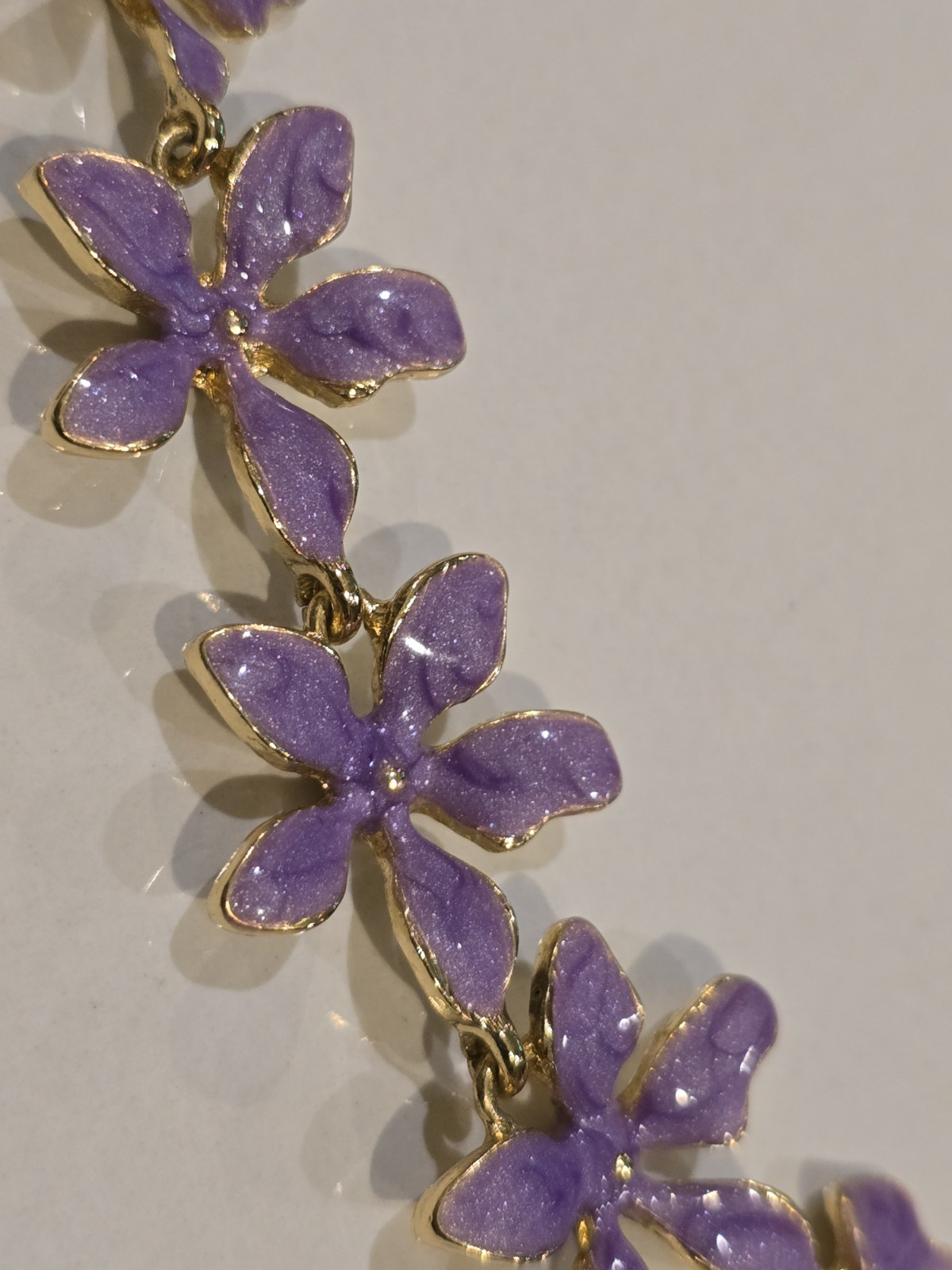 Lavender Enamel Flower Necklace Gold Tone Floral Statement Adjustable Purple
