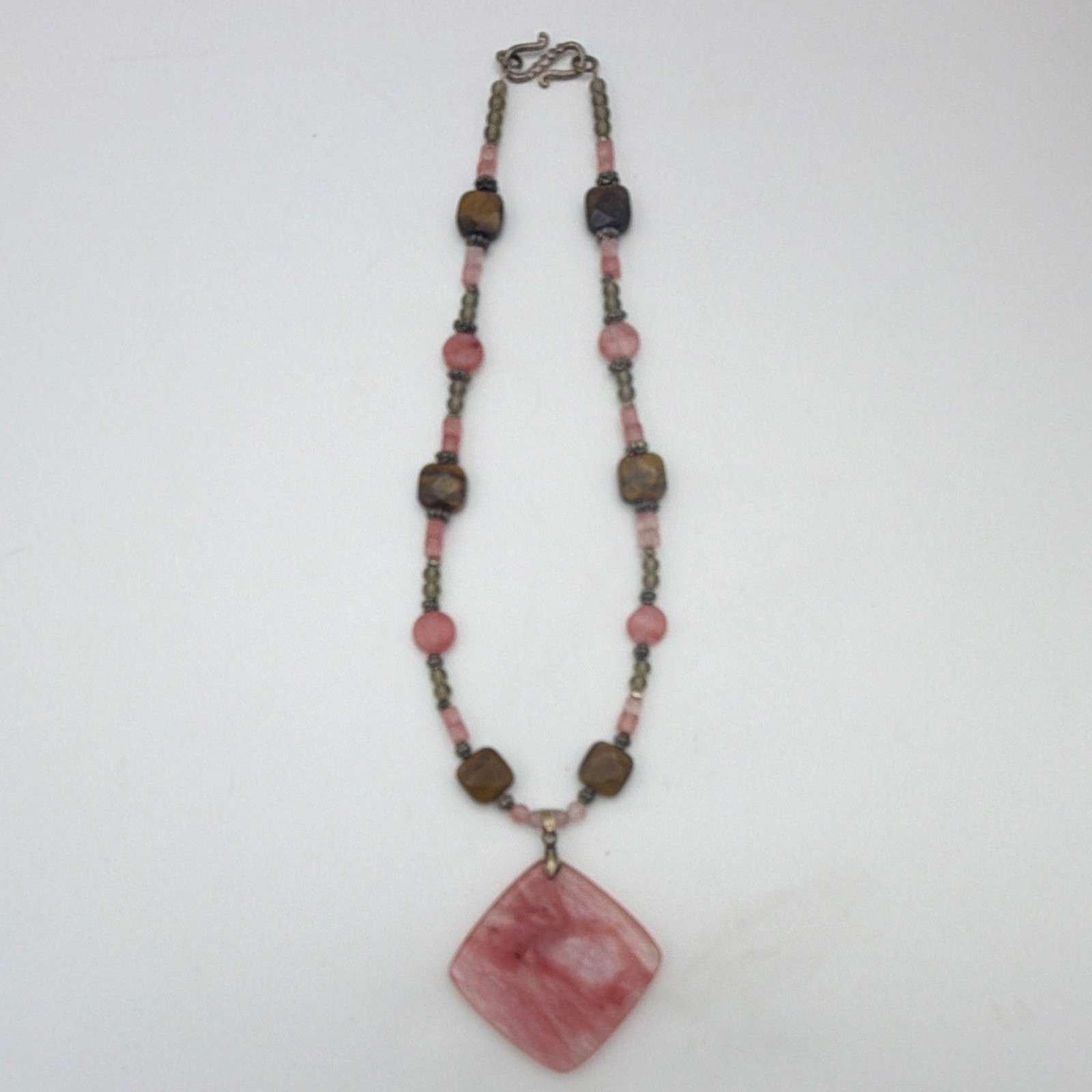Pink & Brown Stone Beaded Necklace Square Pink Charm Pendant S Hook 20 in