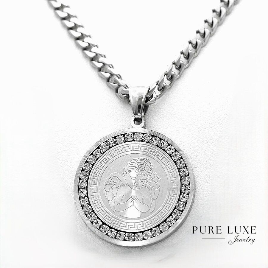 Men’s 24″Stainless Steel 35mm ANGEL CZ Charm,Cuban Curb Chain High Polish Box