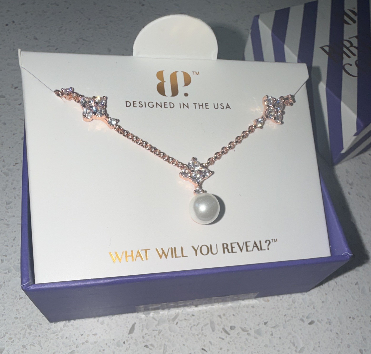 BP NK25489 Rose Gold Plated Crystal Accent White Ceramic Pearl Charm 18in Adj