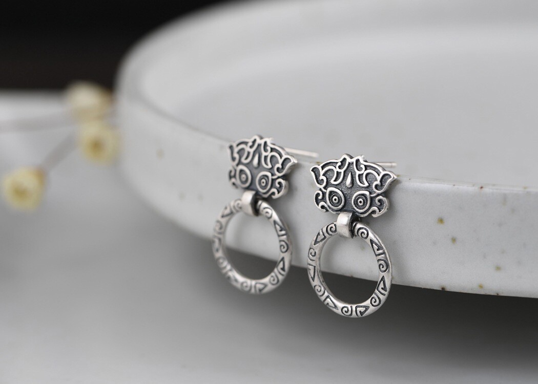 THAI Door Knocker Earrings Ornate Dangle Hoop Vintage Stud S925 Sterling Silver