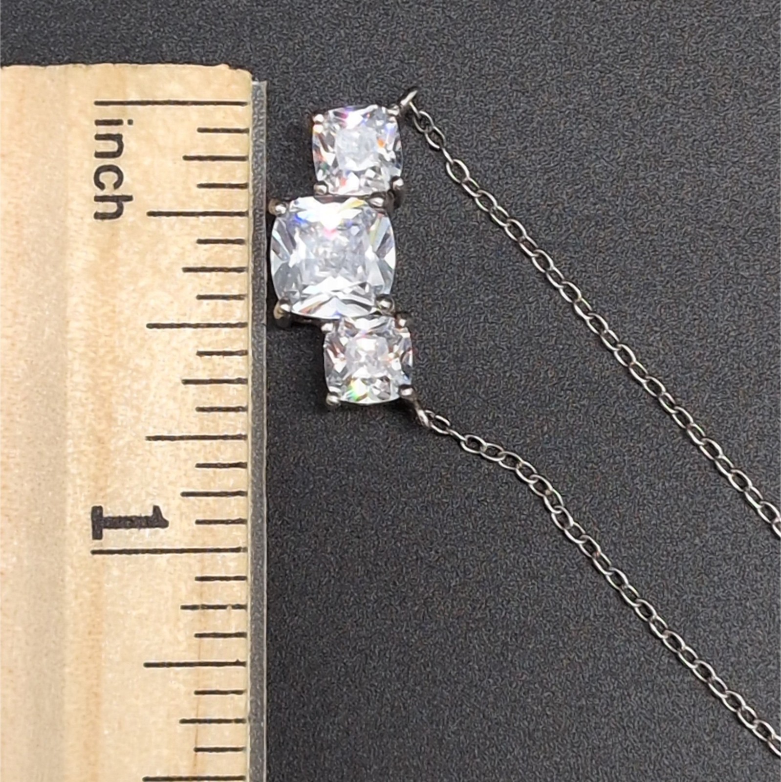 Necklace Three Triple Cushion Cut Clear Colorless Rhinestones 18.25″ 925 Silver