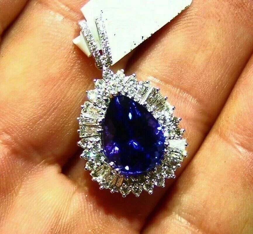 Teardrop Pendant Chain 3CT Pear Cut Blue Tanzanite Simulated 14K White Gold Over