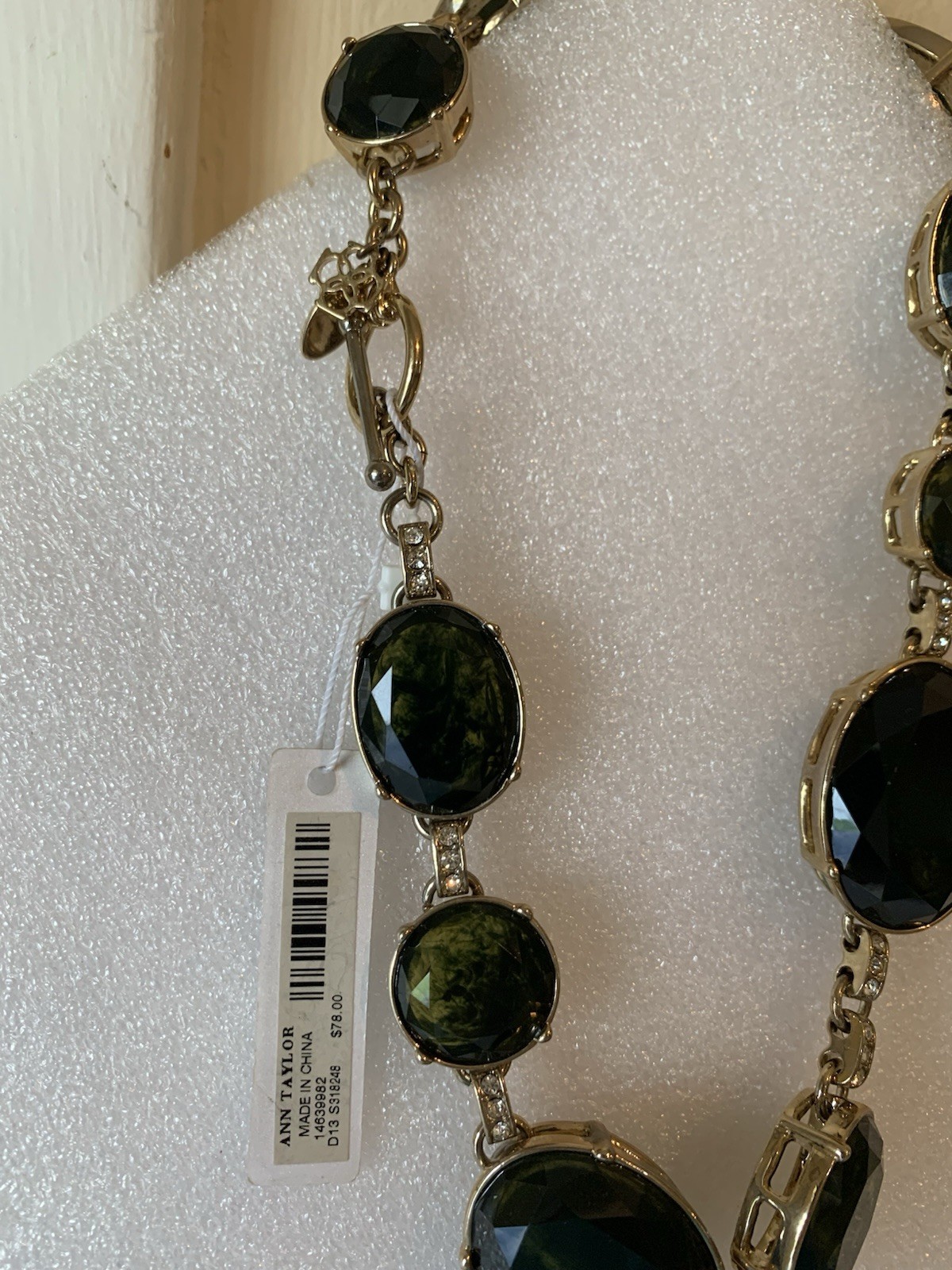 Ann Taylor Green Oval Stone Crystal Statement Link Chain Necklace, Lobster