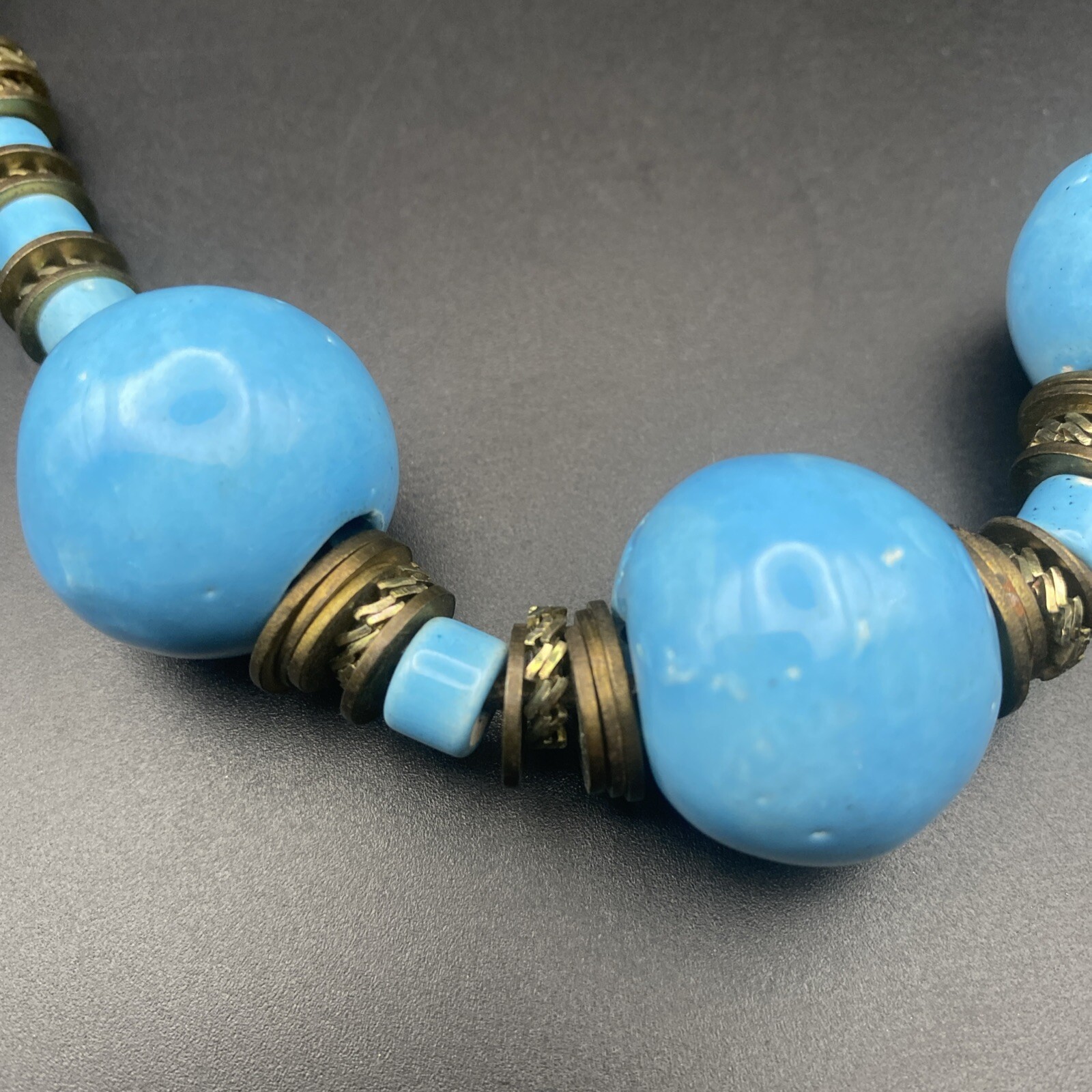 Chunky Necklace 18″ Choker Blue Turquoise Ceramic Beads Metal Disc Boho Western