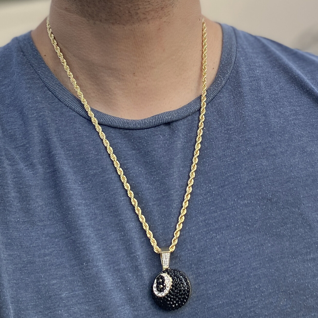 14k Gold Plated Black 8 Eight Ball Rope Chain Pool Simulated CZ Necklace 24″ in